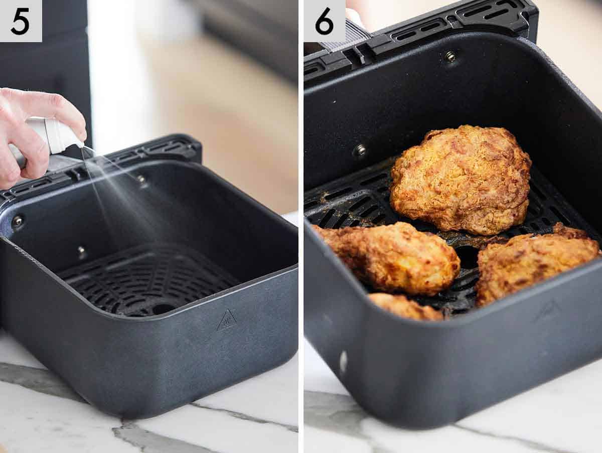 Set of two photos showing basket sprayed and air fryer fried chicken cooked.