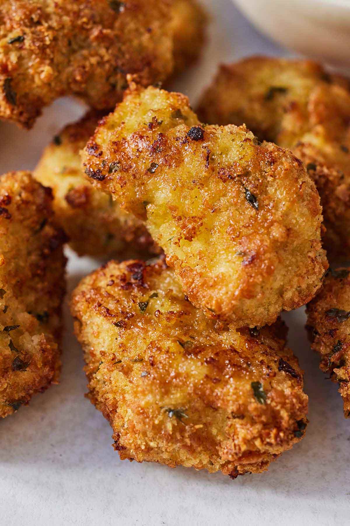 Close up of air fryer chicken nuggets.