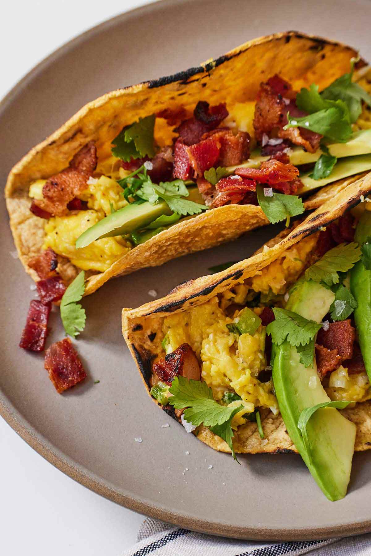 A plate with two breakfast tacos filled with eggs, bacon, and avocado.