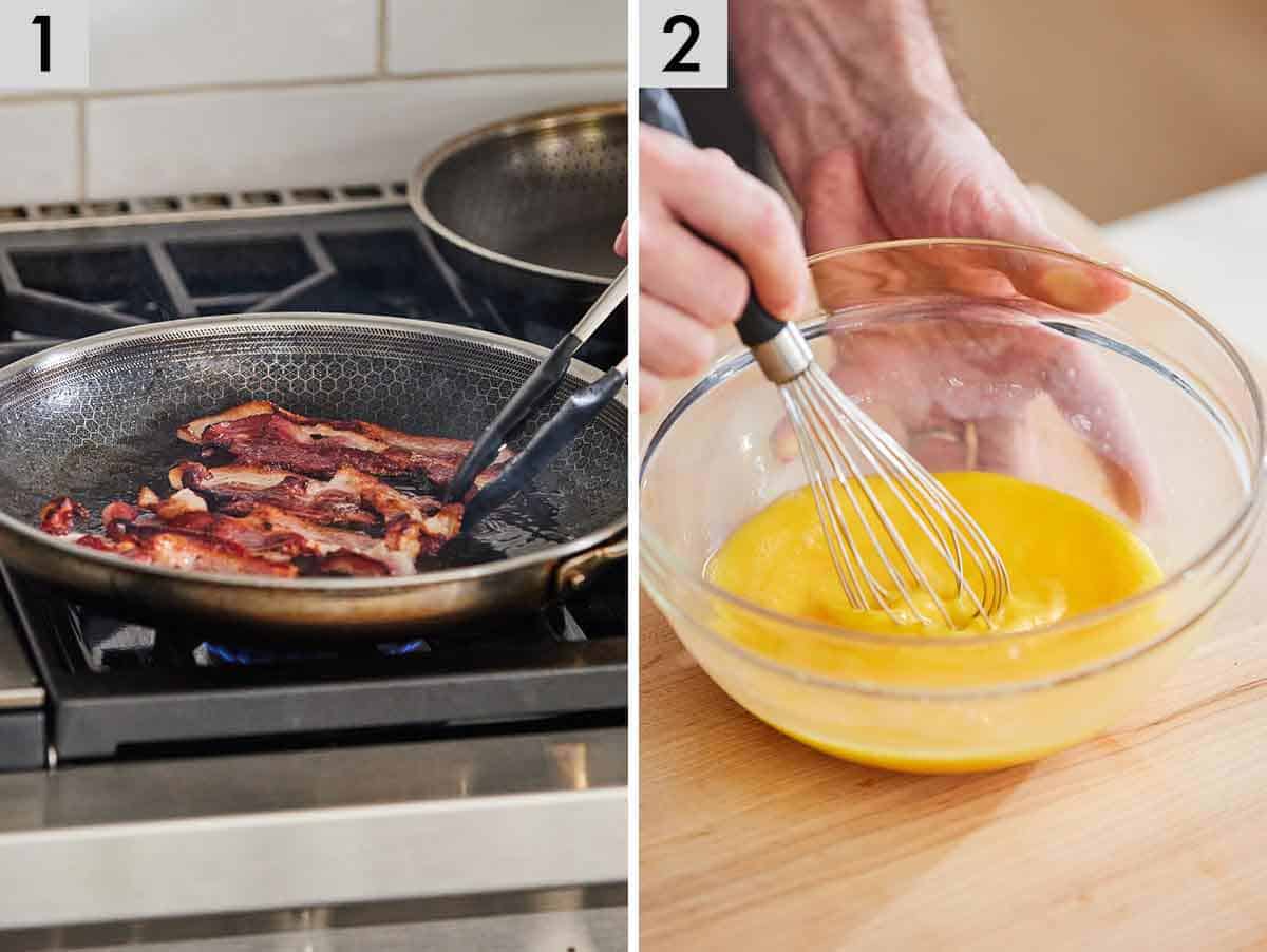 Set of two photos showing bacon cooked in a pan and eggs whisked.