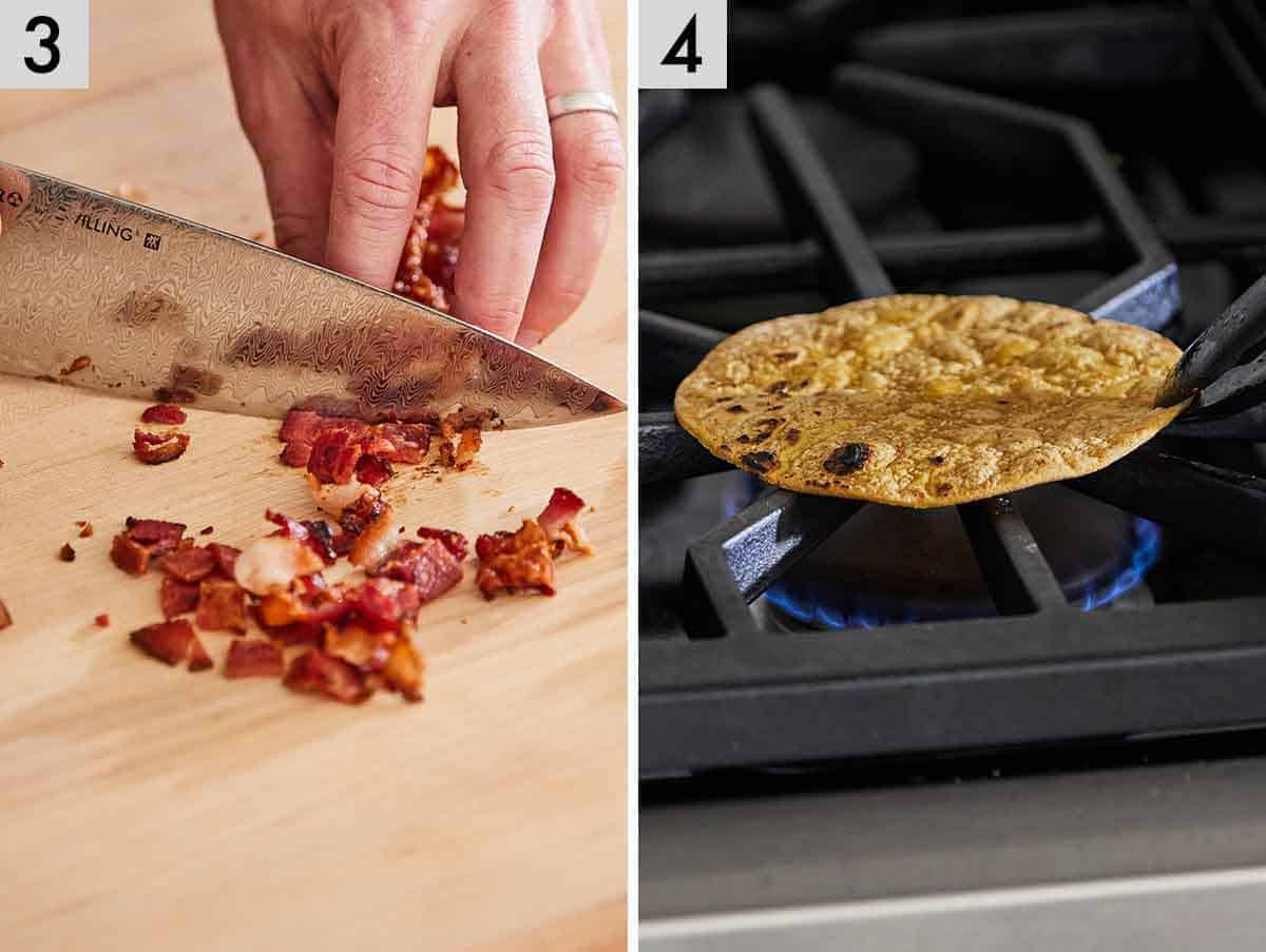 Set of two photos showing bacon diced and tortilla warmed.