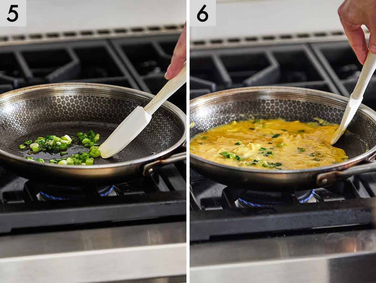 Set of two photos showing green onions cooked with eggs.