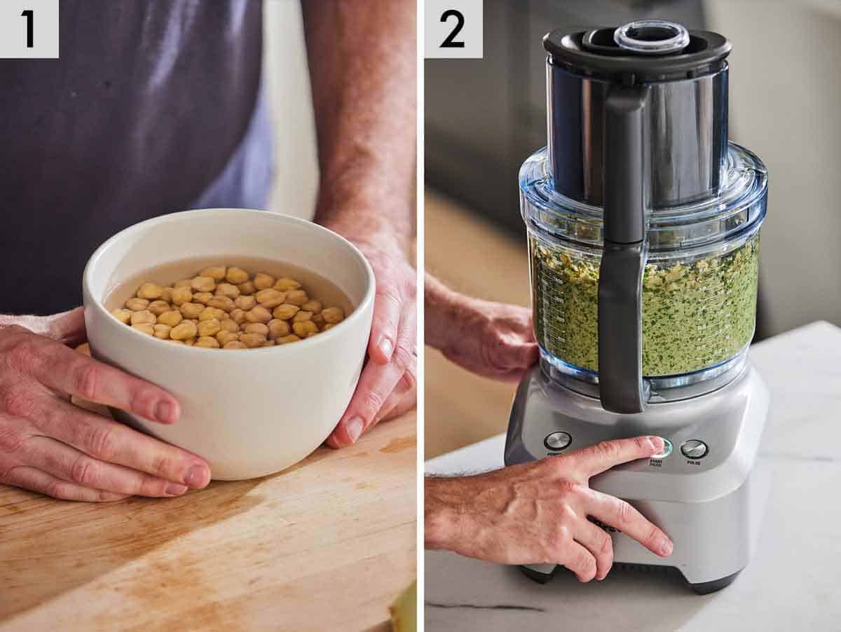 Set of two photos showing chickpeas soaked and ingredients pulsed in a food processor.