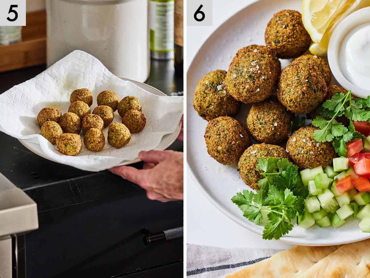 Set of two photos showing the fried falafels drained and plated.