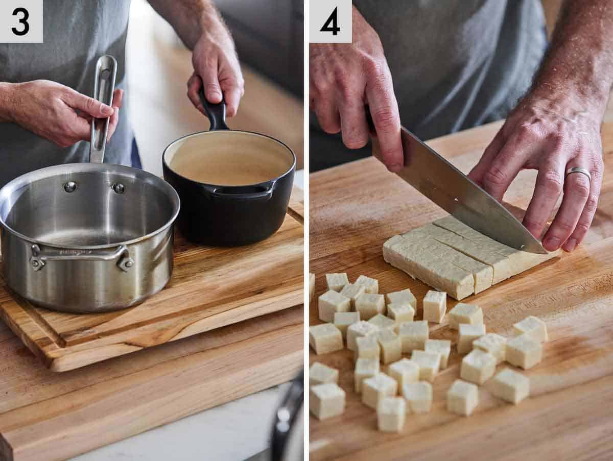 Set of two photos showing two saucepans and tofu cut into cubes.