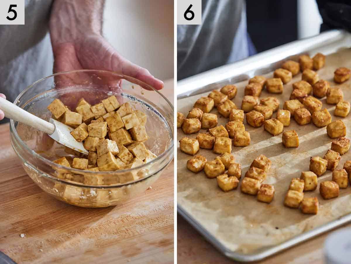 Set of two photos showing tofu seasoned and baked.