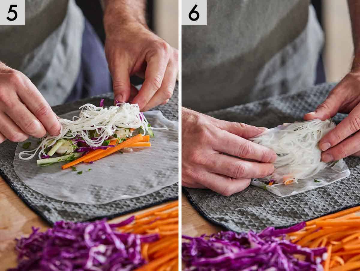 Set of two photos showing salad rolls being assembled.