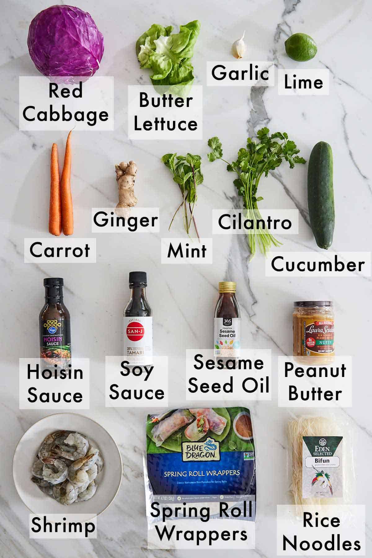 Ingredients needed to make salad rolls.