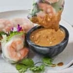 Pinterest graphic of a salad roll dipped into peanut sauce.
