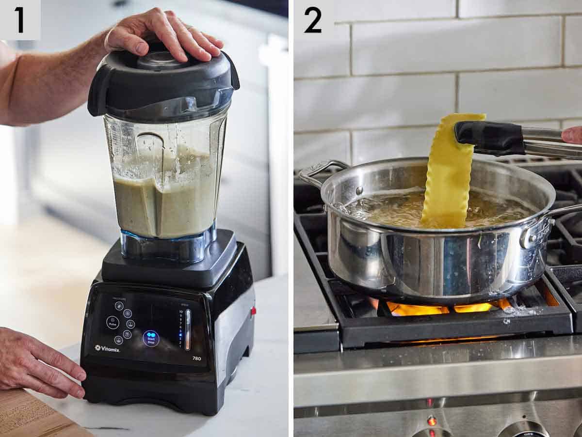 Set of two photos showing sauce blended up in a blender and pasta cooked in water.