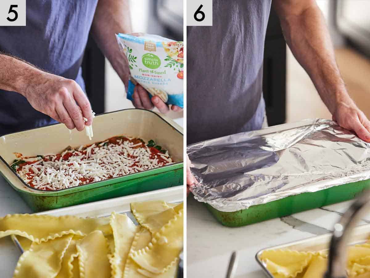 Set of two photos showing cheese added to the baking dish as the lasagna is assembled and covered with tin foil.