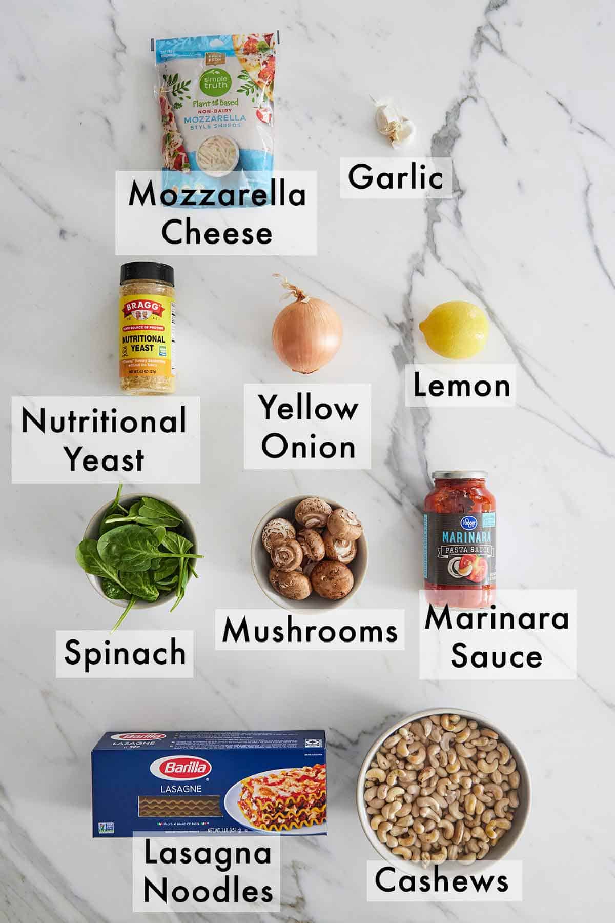 Ingredients needed to make vegan lasagna.