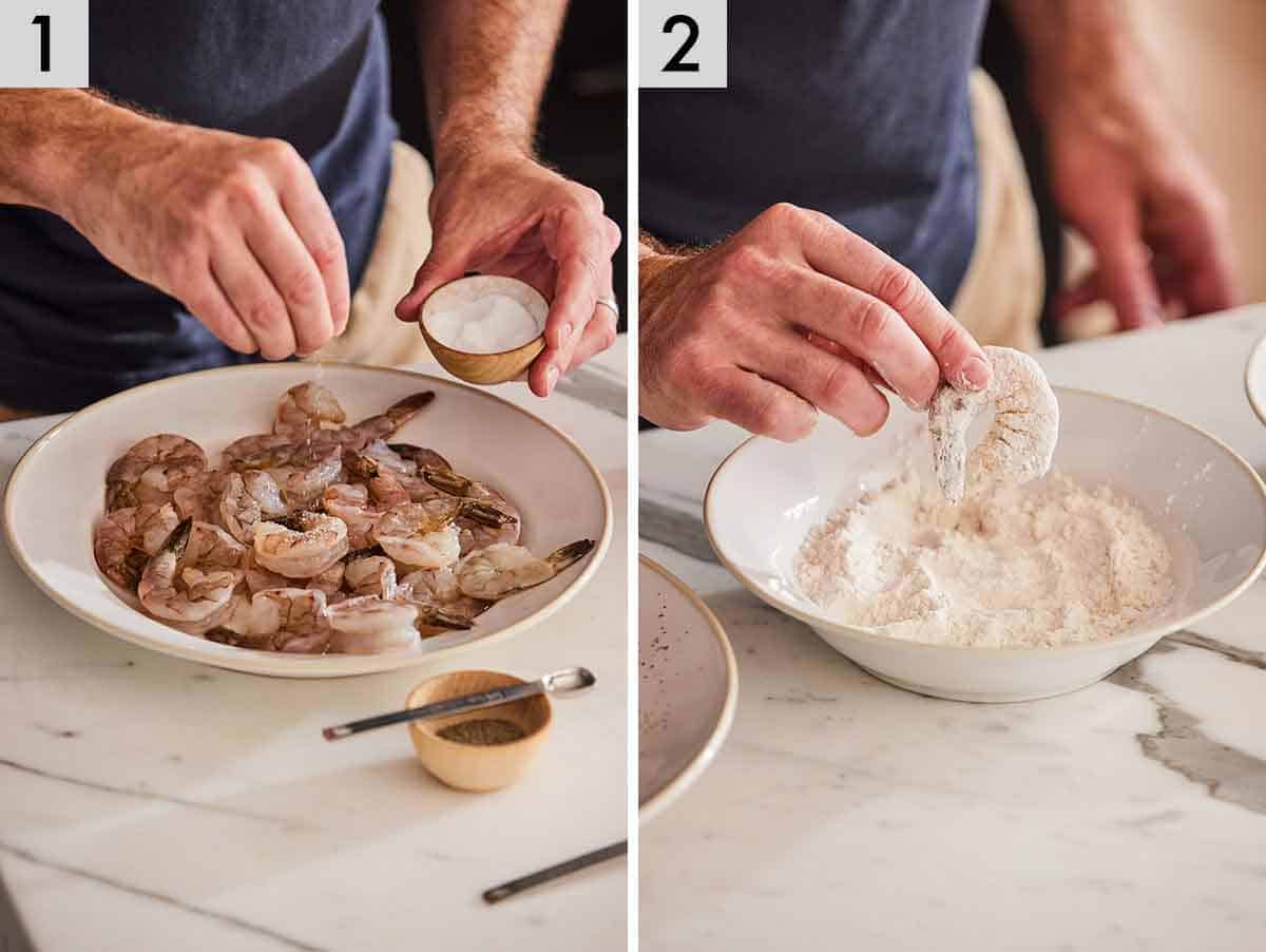Set of two photos showing shrimp seasoned and coated in flour.