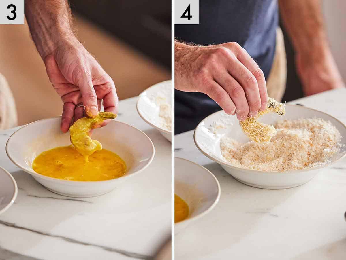 Set of two photo showing shrimp dipped in egg and bread crumbs.