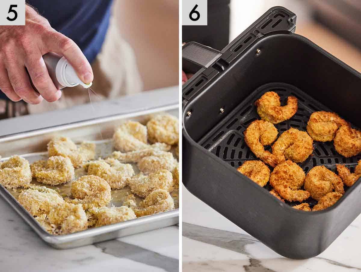 Set of two photos showing shrimp sprayed with oil and air fried.