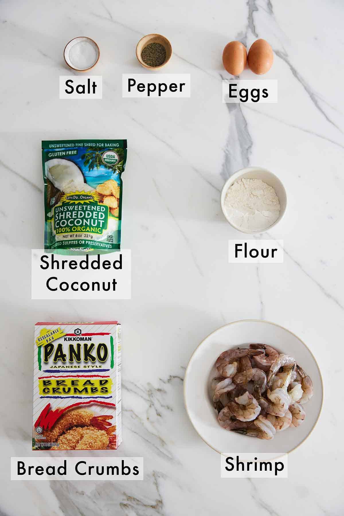 Ingredients needed to make air fryer coconut shrimp.