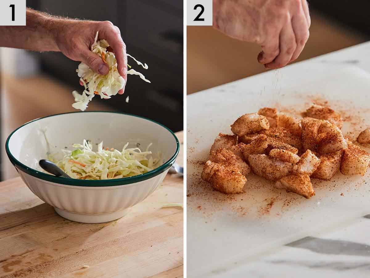 Set of two photos showing coleslaw assembled and seasoning sprinkled over fish.