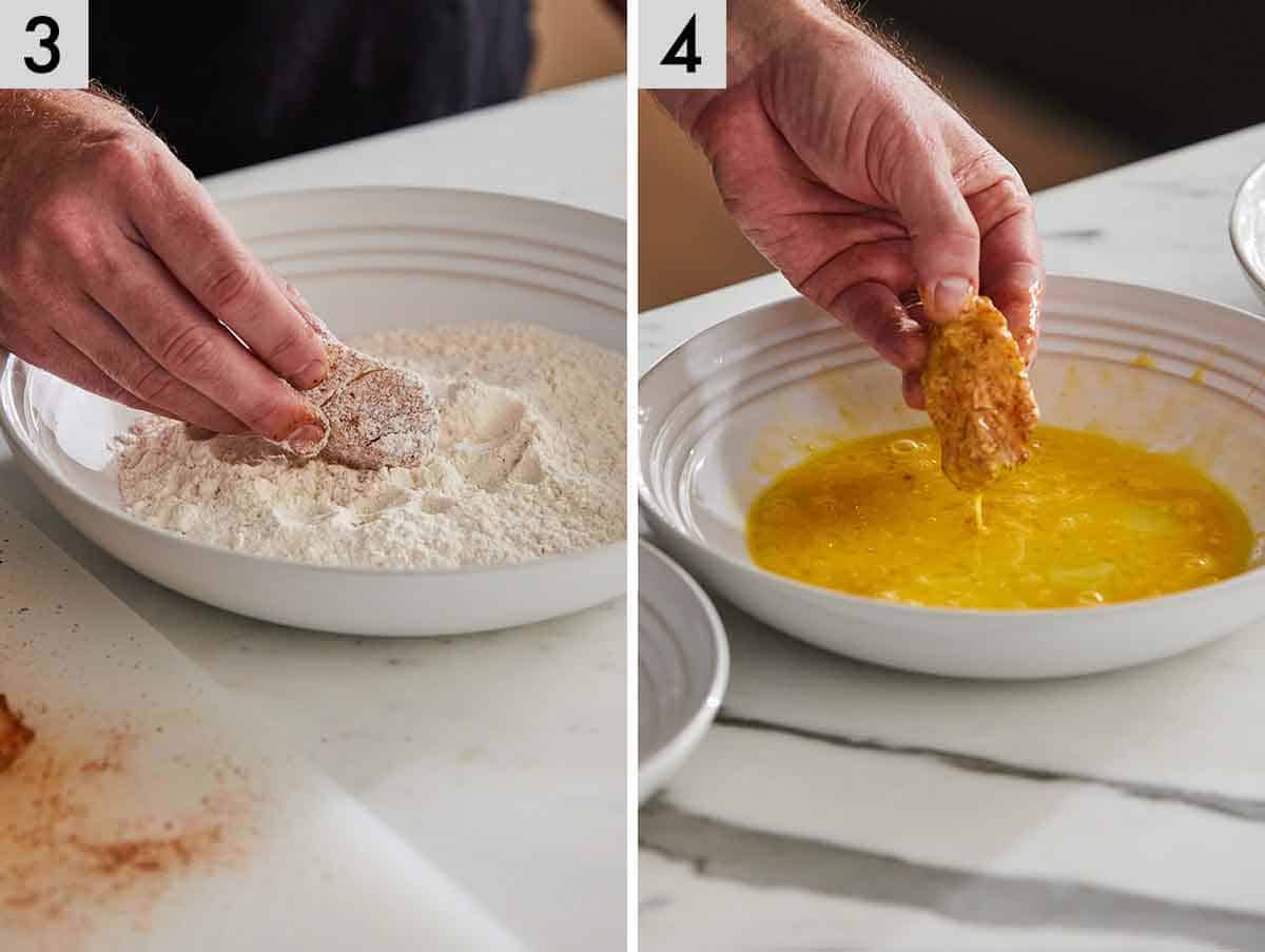 Set of two photos showing fish coated in flour and egg.