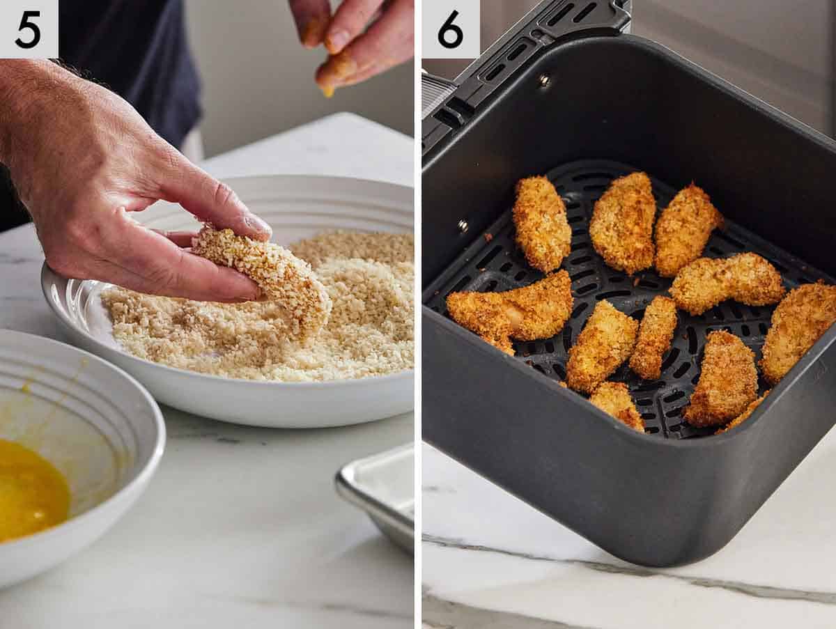 Set of two photos showing fish coated in breadcrumbs and air fried.