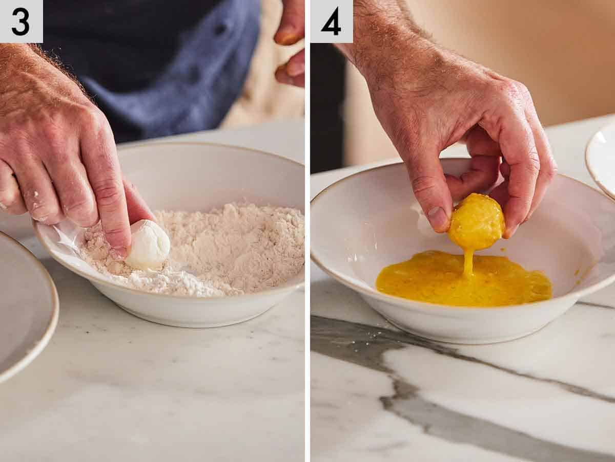 Set of two photos showing the ball coated in flour and dipped in egg.