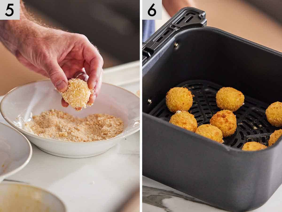 Set of two photos showing ball rolled breadcrumbs and air fried.