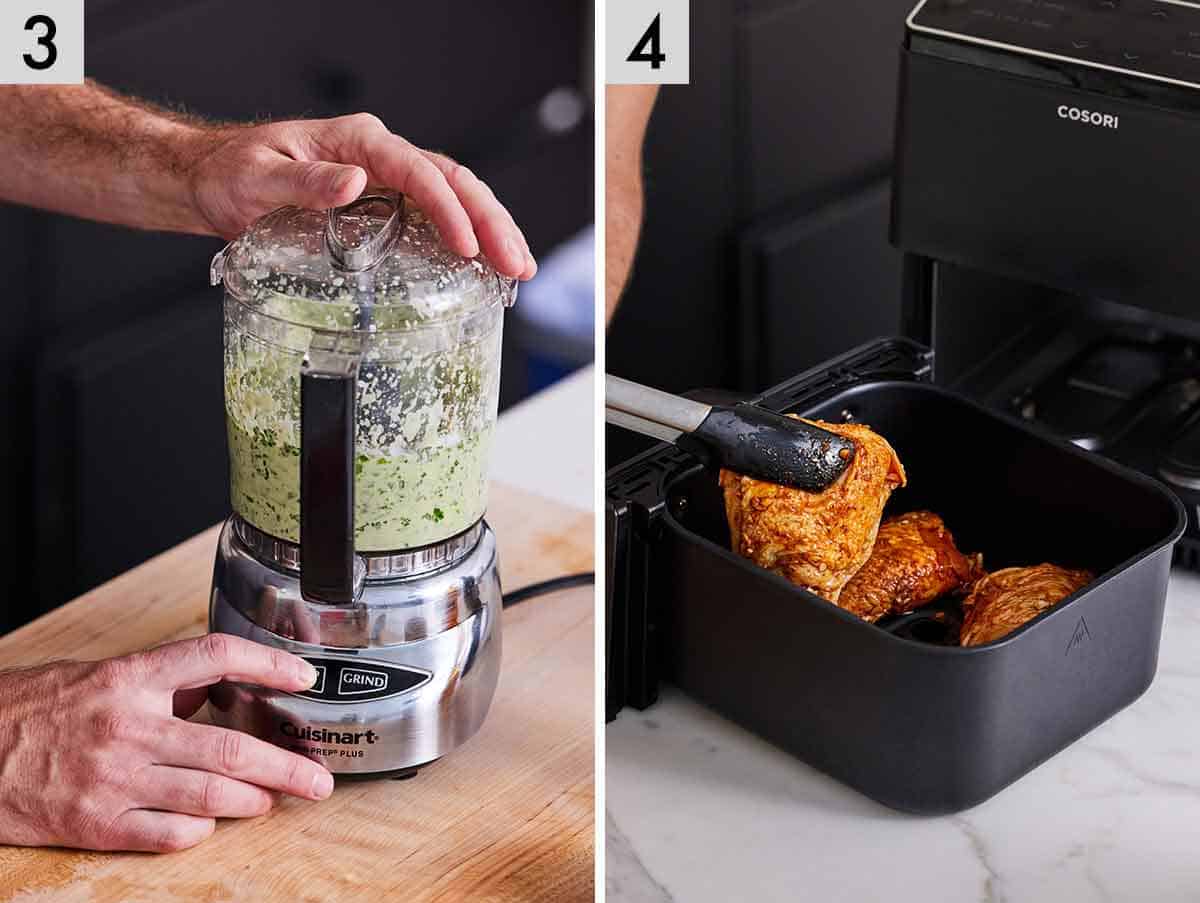 Set of two photos showing crema blended and chicken lifted into an air fryer basket.