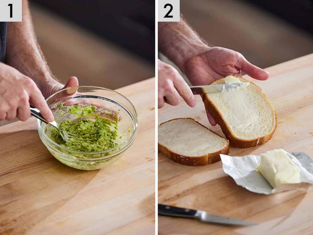 Set of two photos showing avocado smashed and butter spread on bread.