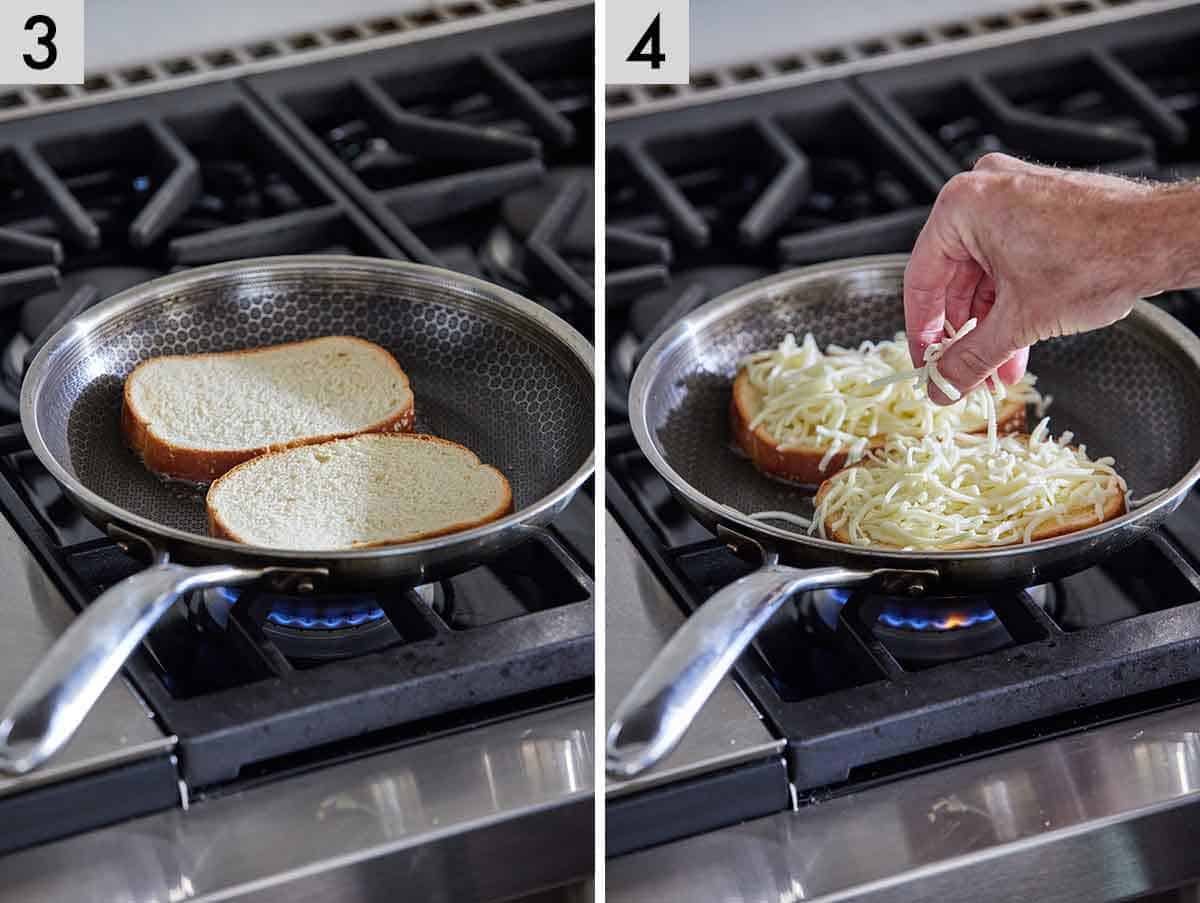 Set of two photos showing bread added to the skillet and cheese placed on top.