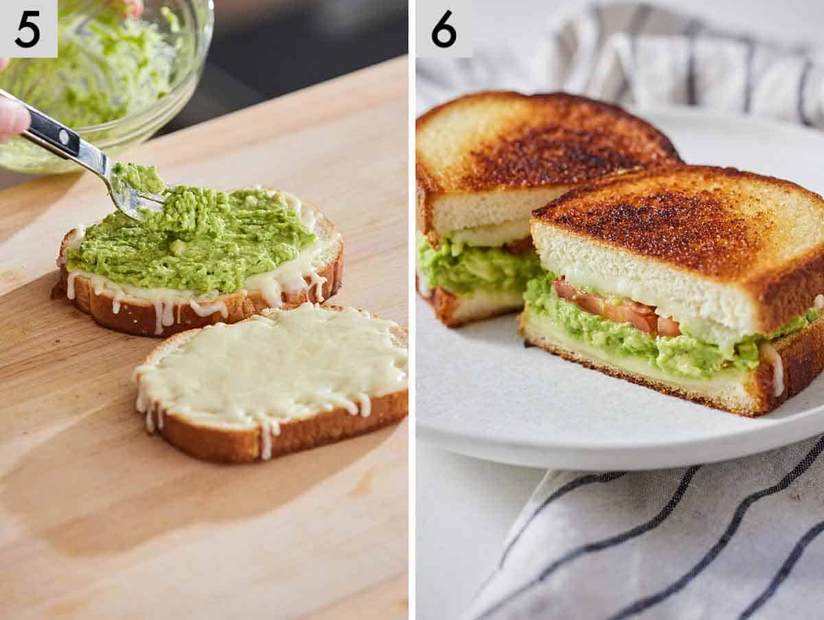 Set of two photos showing the fillings added to the sandwich and then placed on a plate, cut in half.