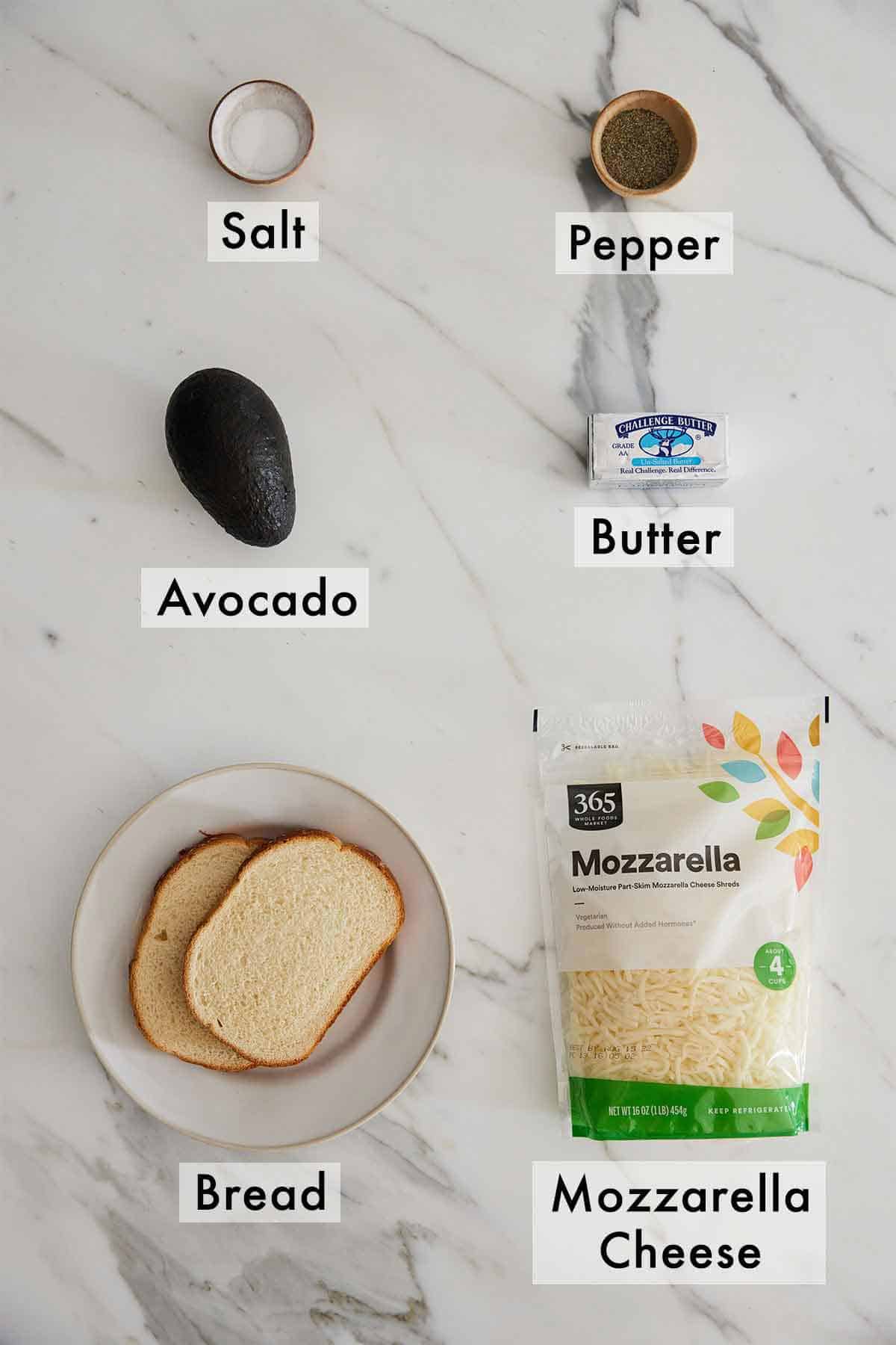 Ingredients needed to make avocado grilled cheese.