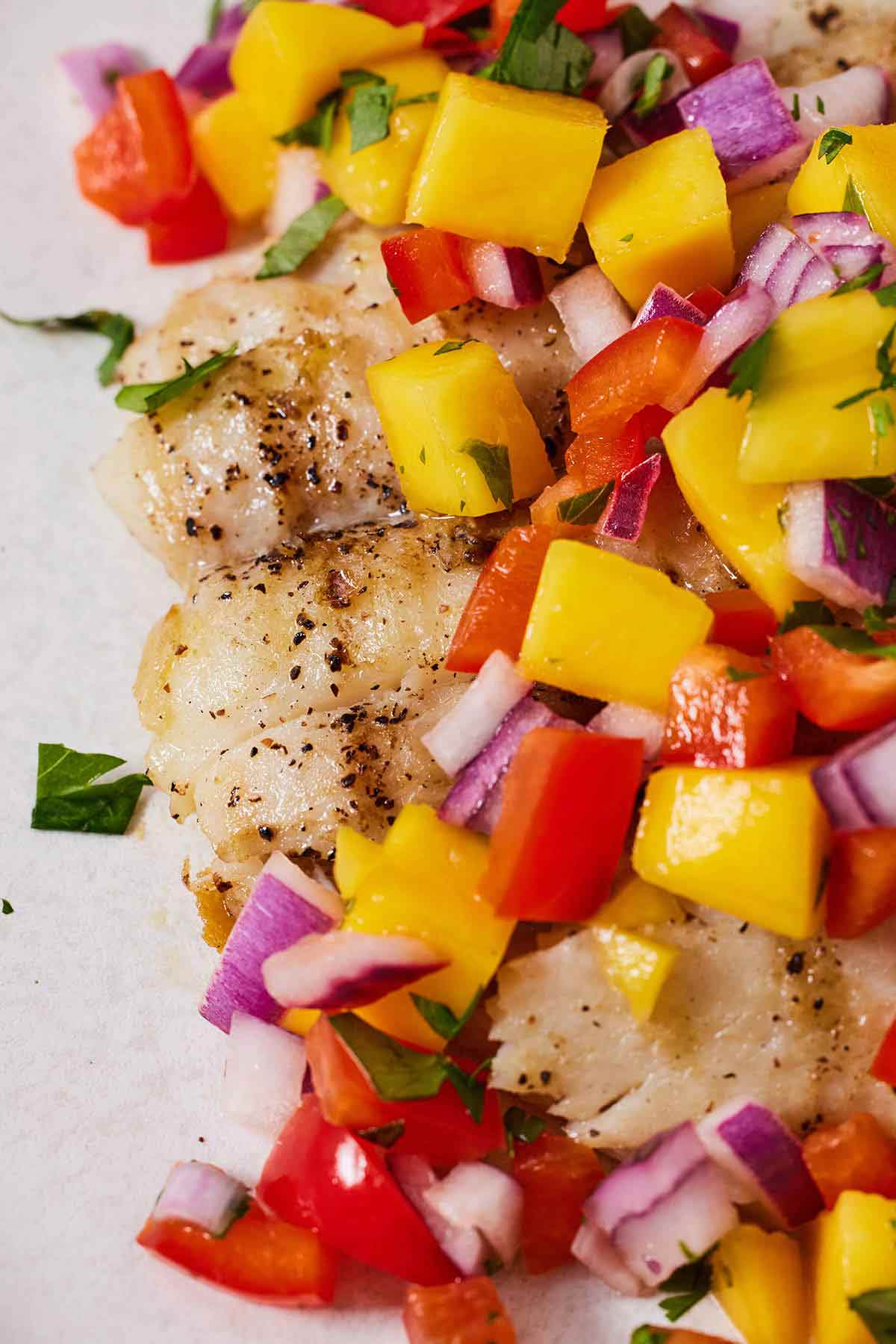 Close up of grilled halibut with mango salsa on top.