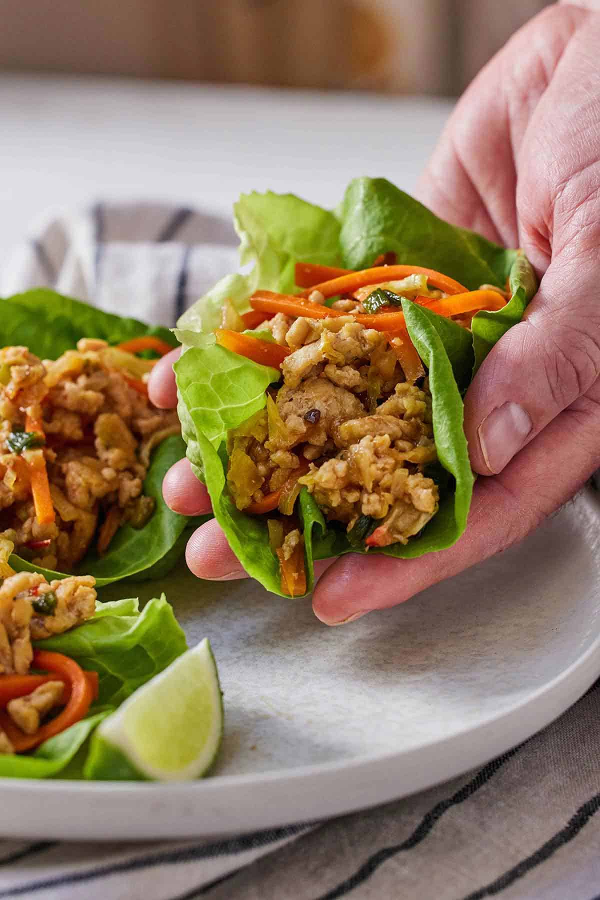 A hand holding one Thai chicken lettuce wrap.