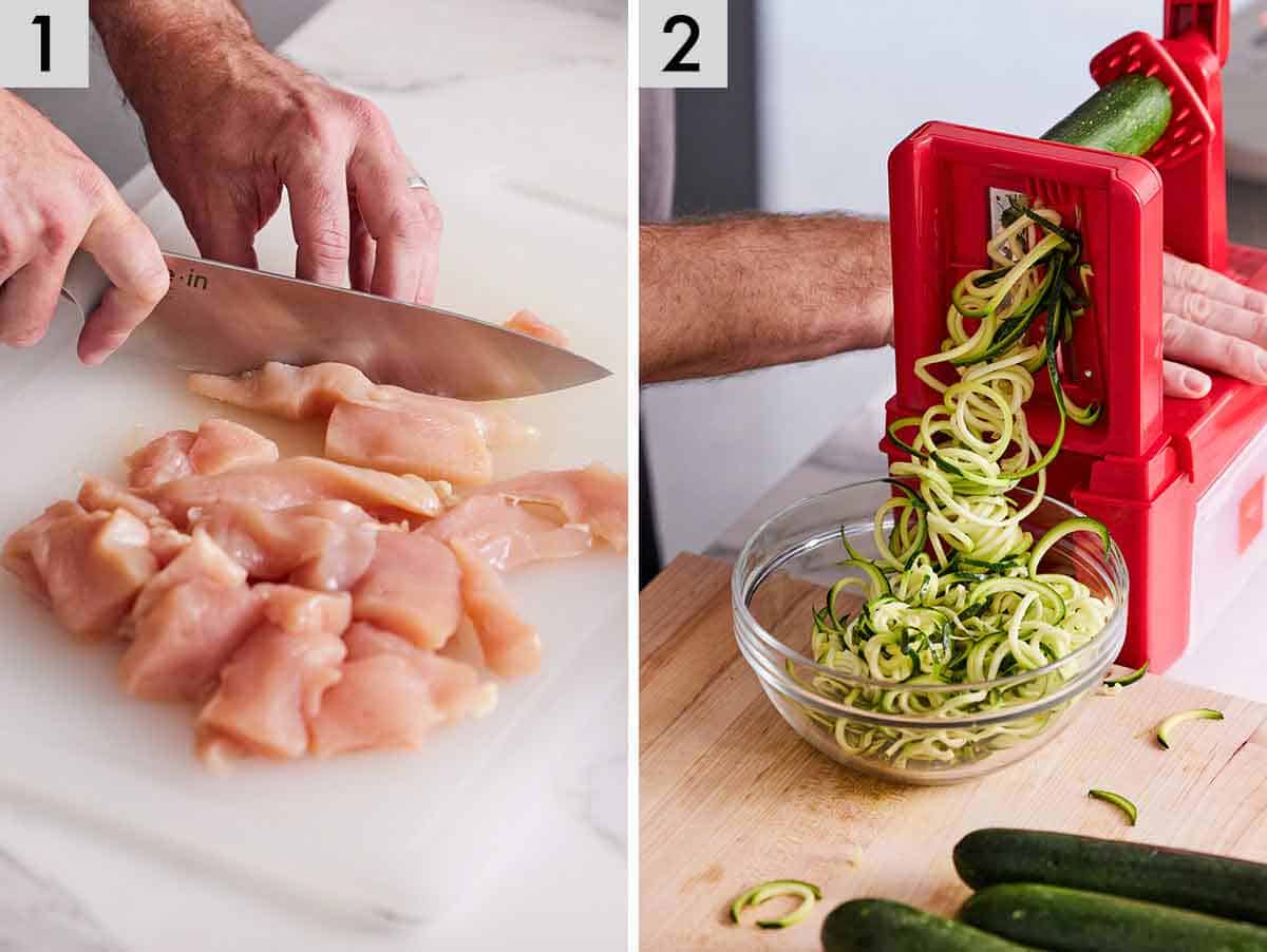 Set of two photos showing chicken cut and zucchini spiralized.