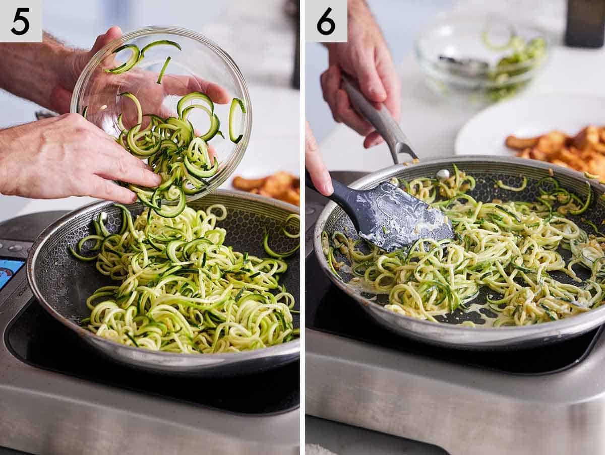 Set of two photos showing zucchini added to the skillet and cooked.