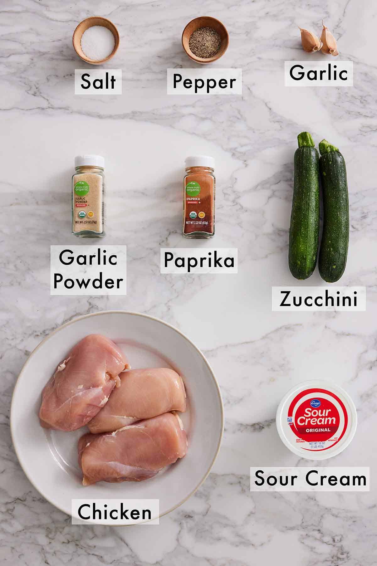 Ingredients needed to make chicken alfredo with zucchini noodles.