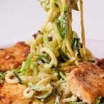 Pinterest graphic of a fork lifting up strands of zucchini noodles from a plate of chicken Alfredo with zucchini noodles.