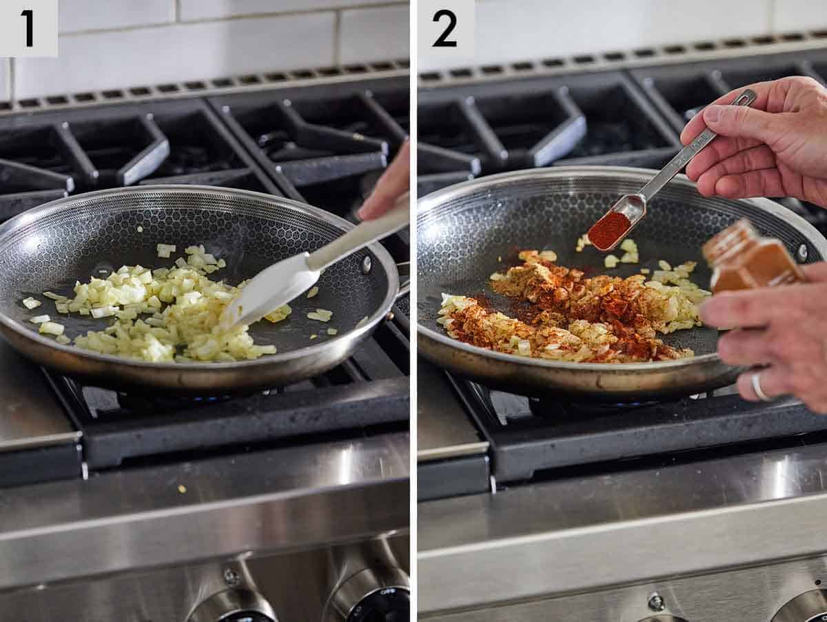 Set of two photos showing aromatics sauted and seasoned.