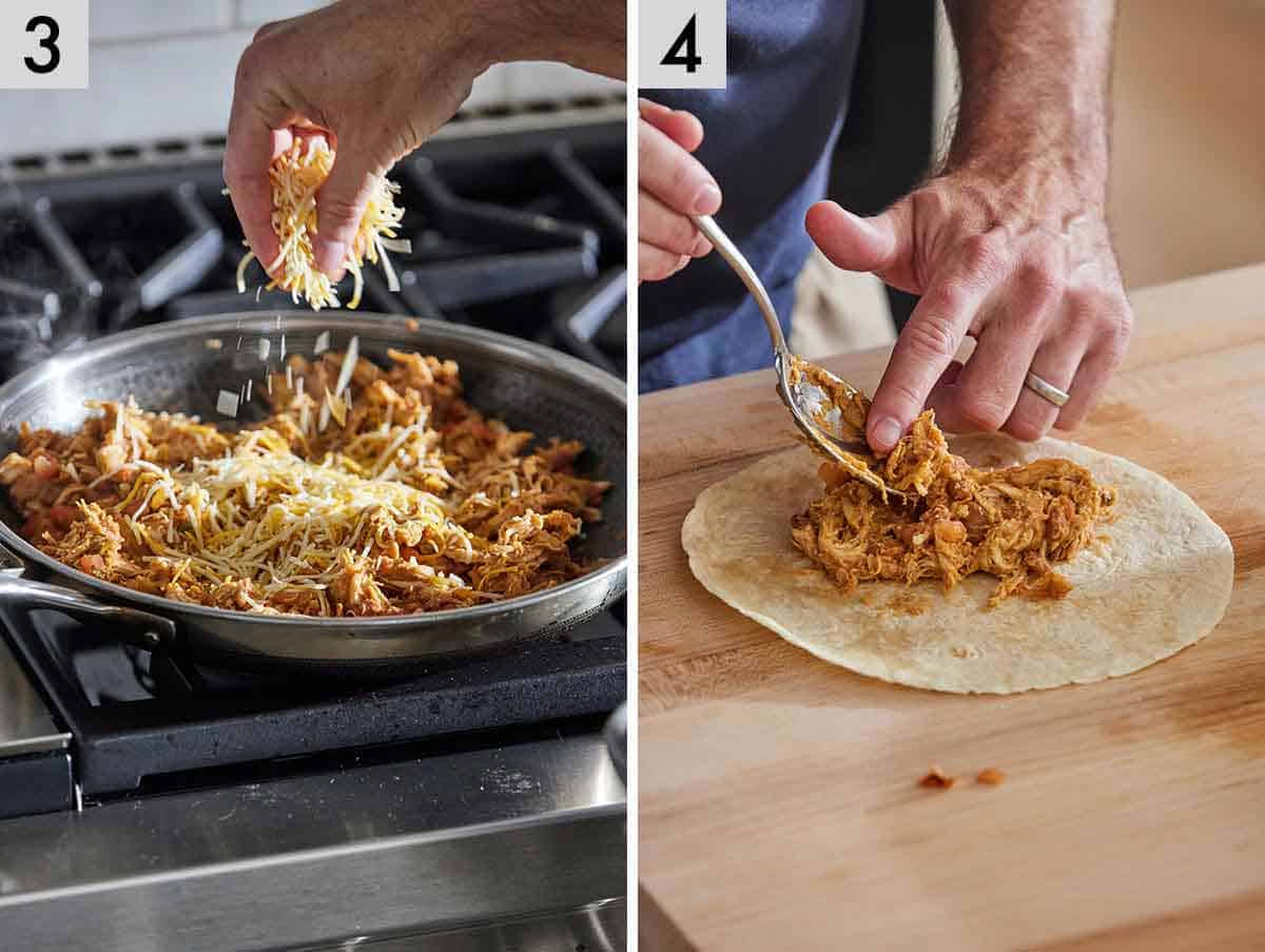 Set of two photos showing cheese added to the skillet and the filling added to a tortilla wrap.
