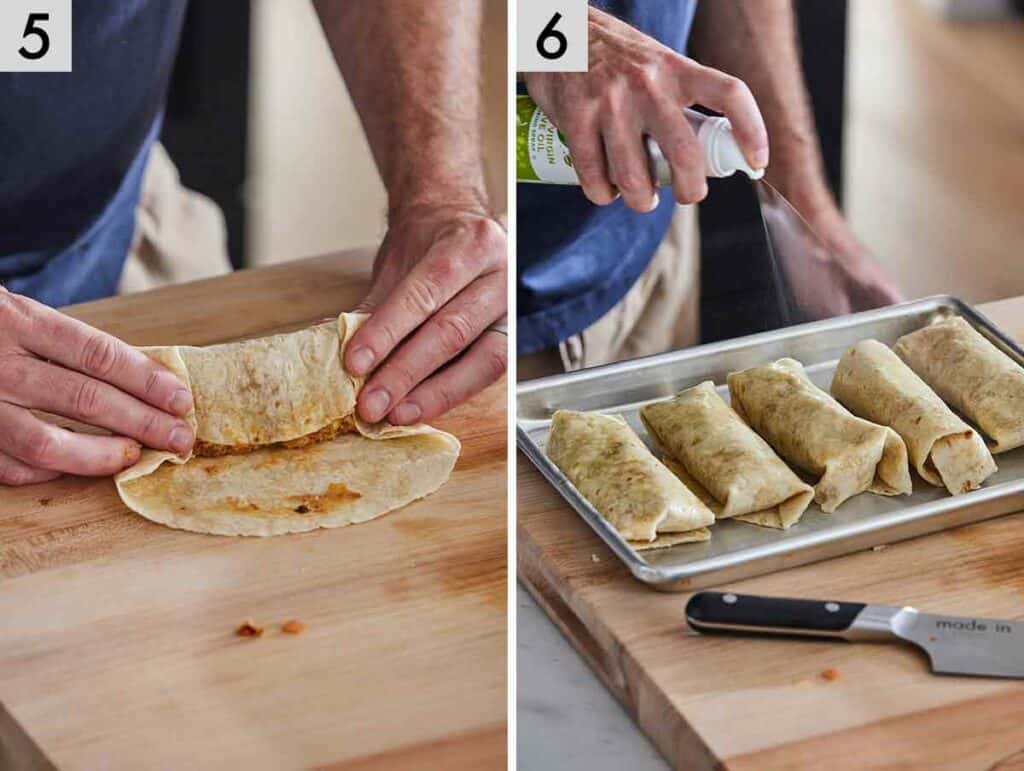 Set of two photos showing the wrap rolled, placed on a sheet pan, and sprayed with oil.