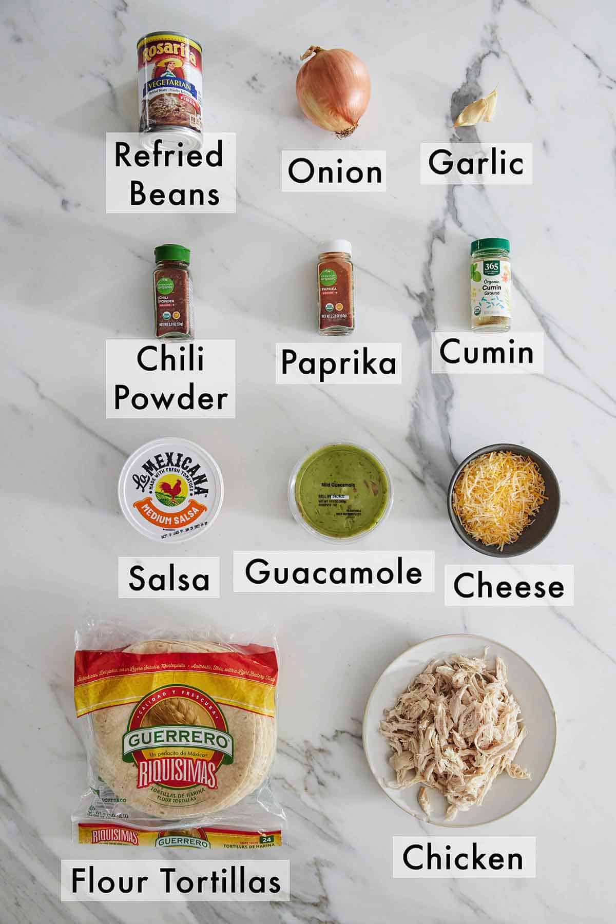 Ingredients needed to make chicken chimichanga.