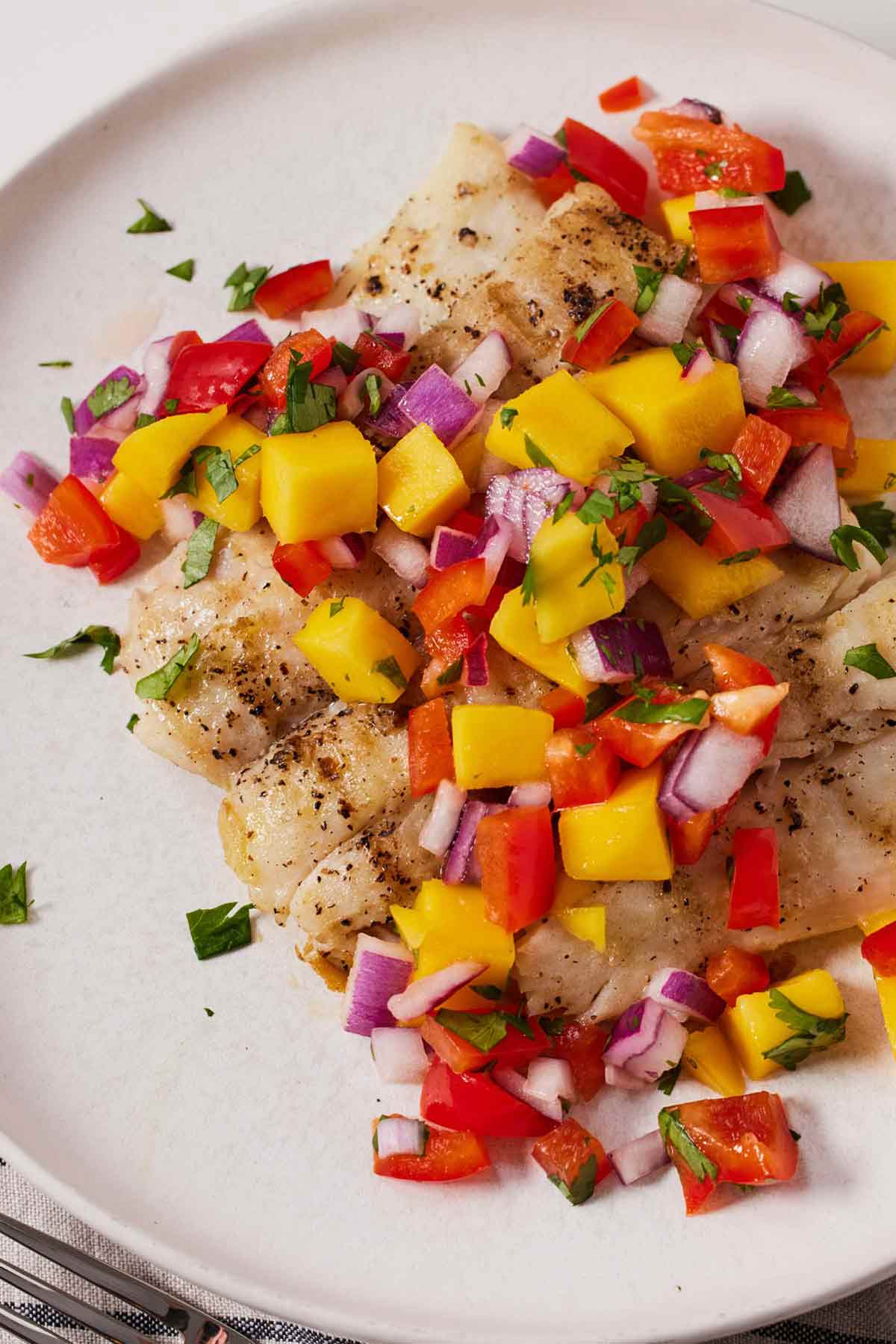 Overhead view of mango salsa on top of freshly grilled halibut on a plate.
