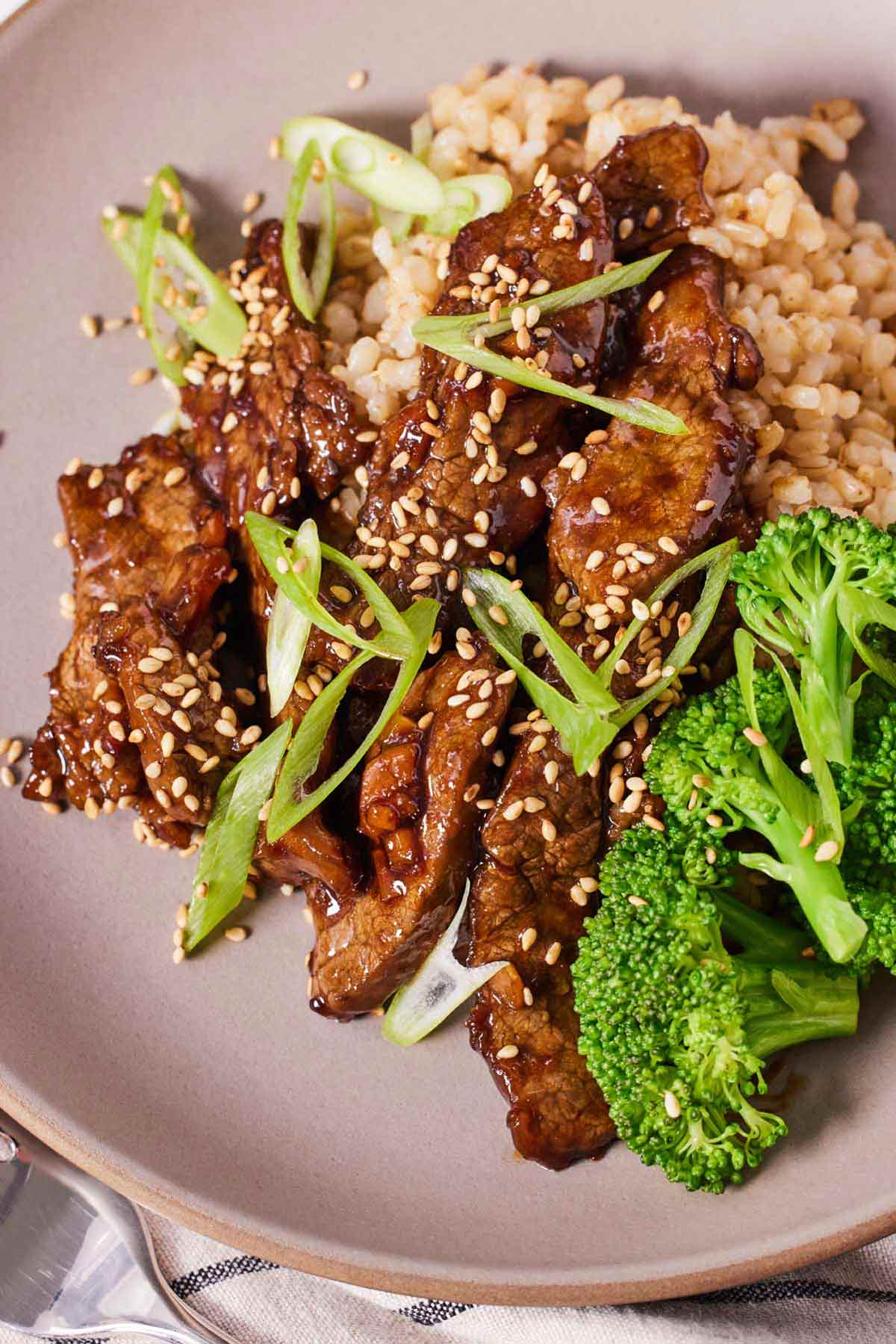 Orange beef on a plate with rice, broccoli, and scallions.