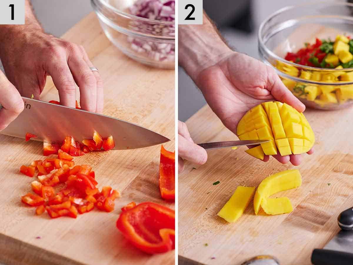 Set of two photos showing the bell pepper and mango diced.
