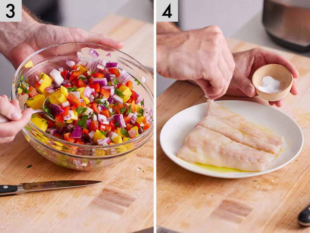 Set of two photos showing salsa mixed in a bowl and salt sprinkled over halibut.