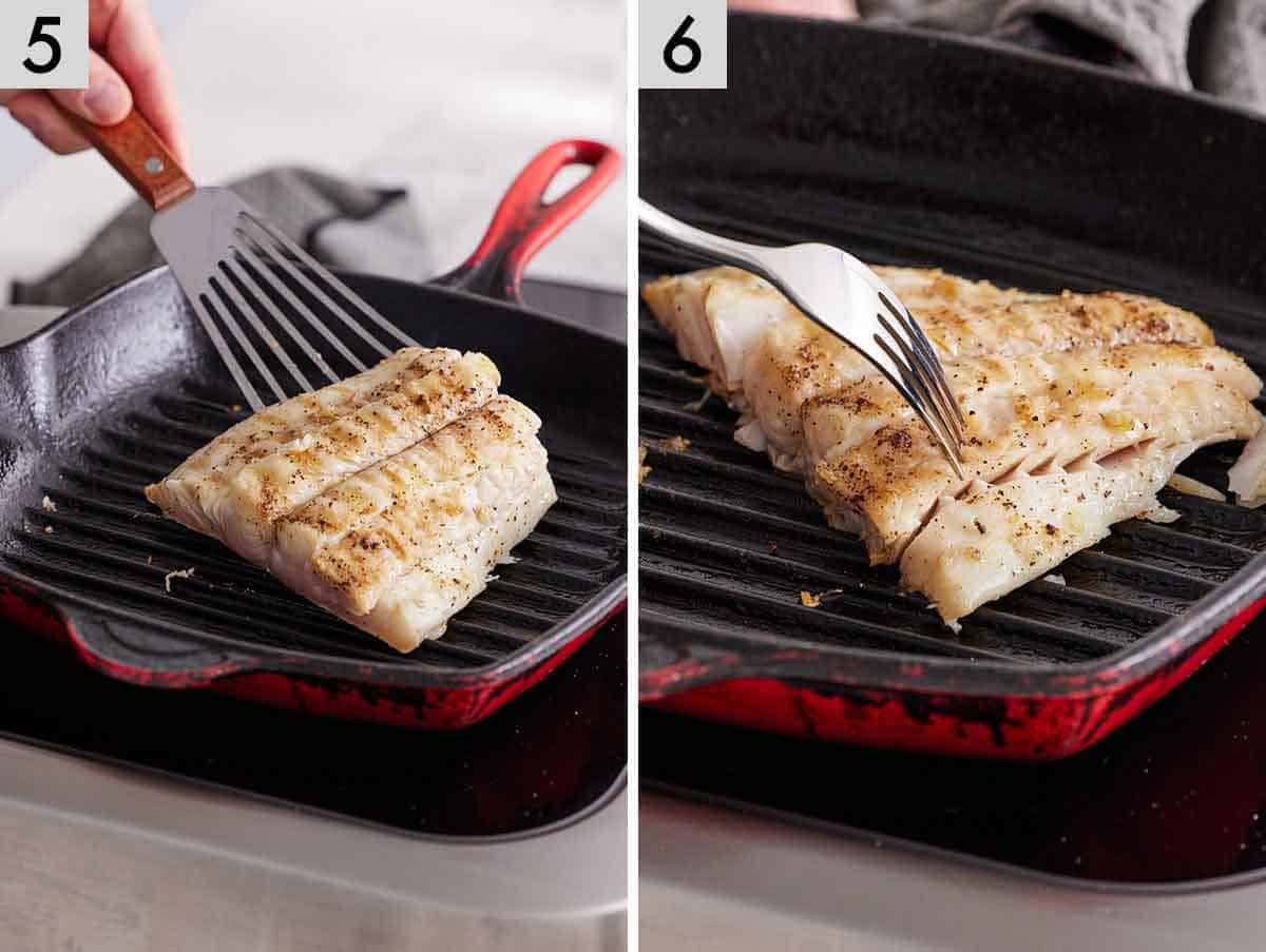 Set of two photos showing fish added to a grill pan and cooked.