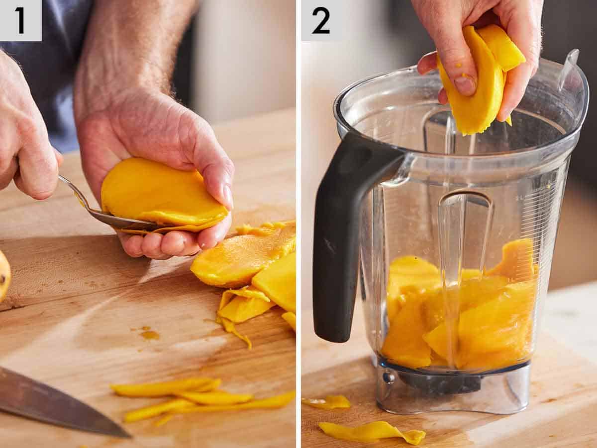 Set of two photos showing mango scooped out of the skin and added to a blender.