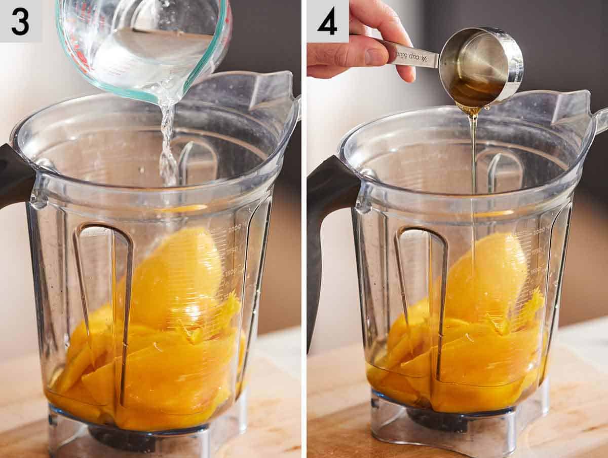 Set of two photos showing water and honey added to a blender.