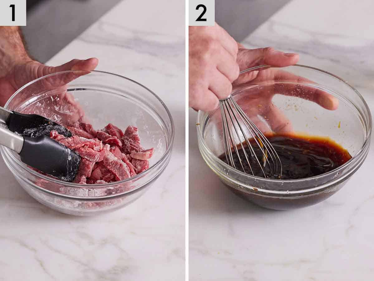 Set of two photos showing beef coated in cornstarch and sauce whisked together.