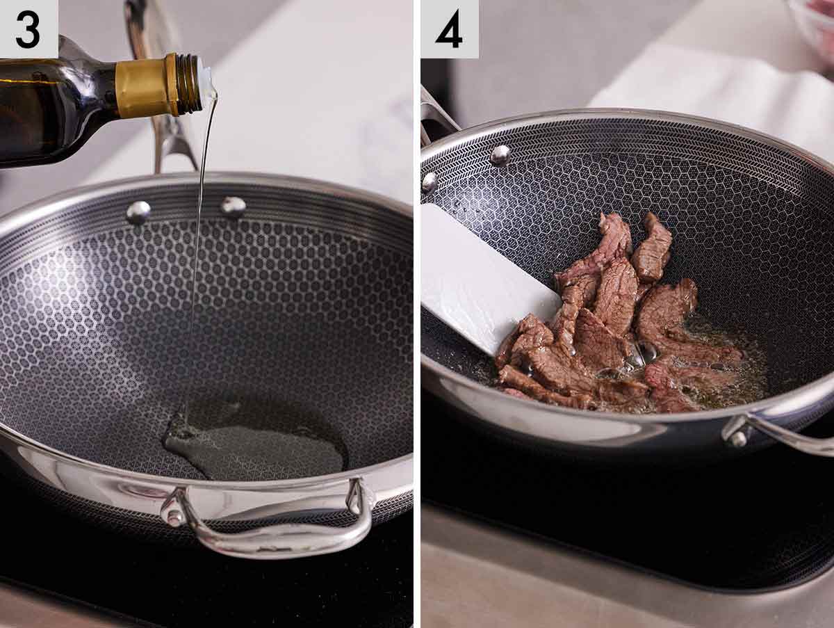 Set of two photos showing oil added to a pan and beef cooked in it.