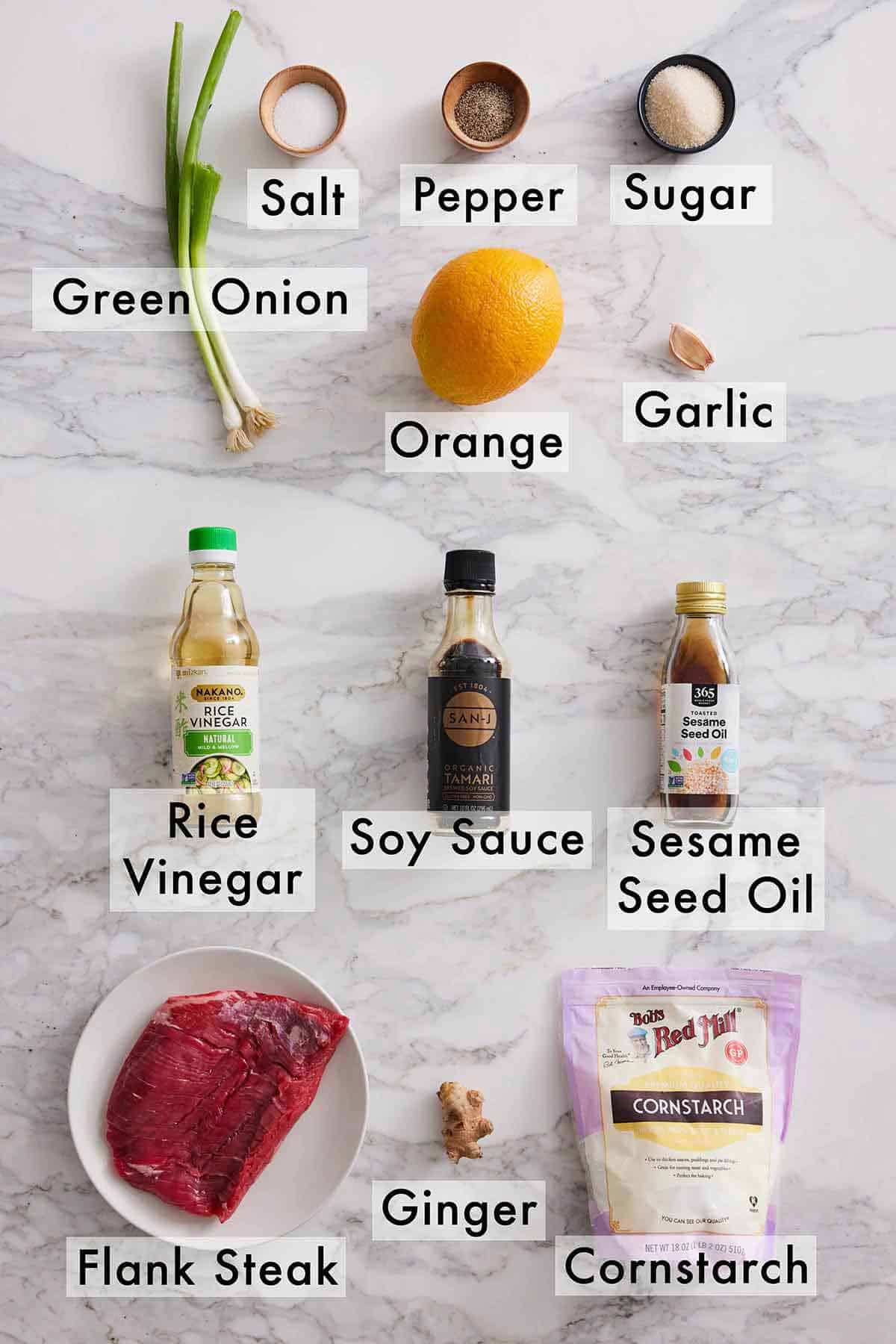 Ingredients needed to make orange beef.